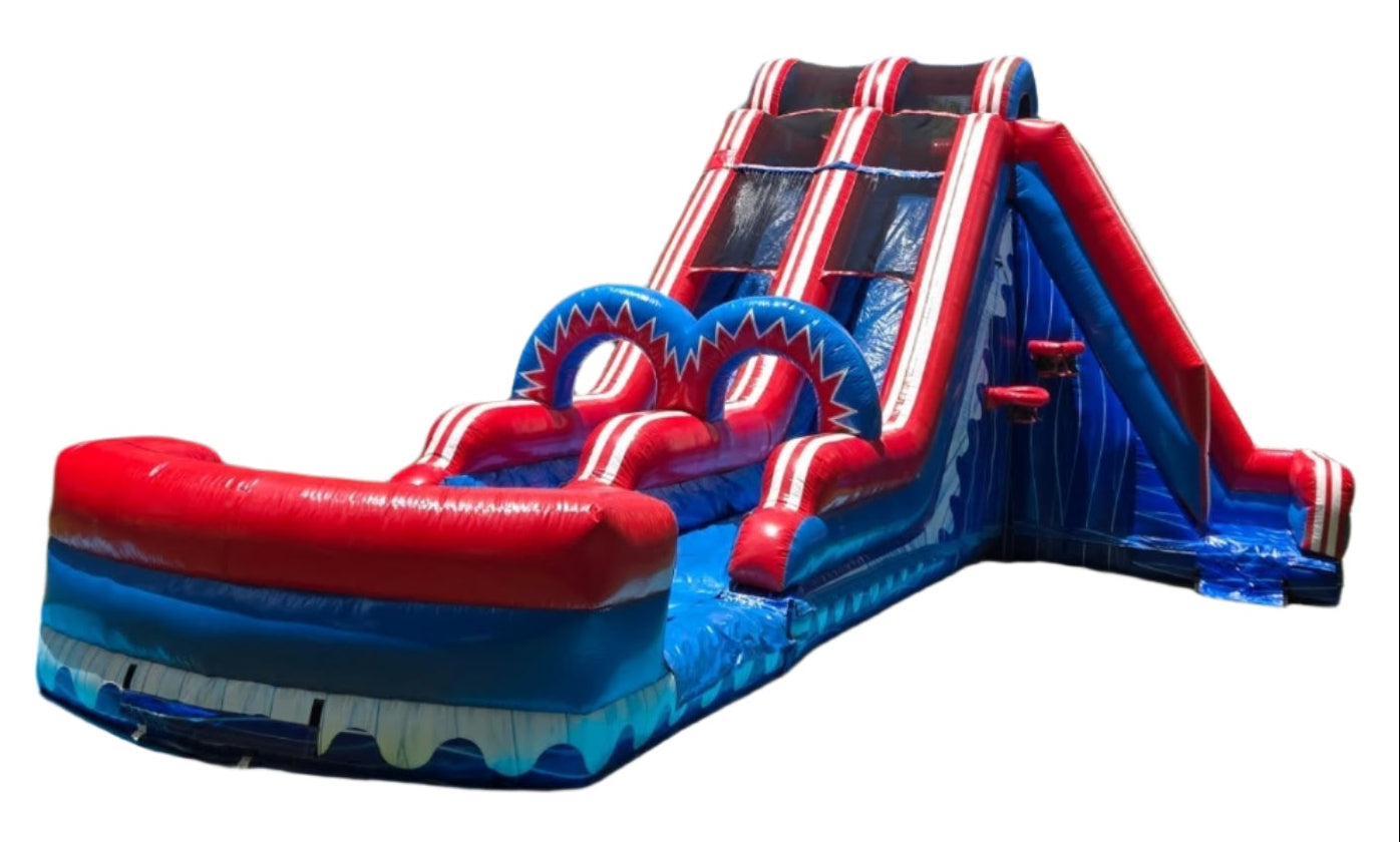 Double Lane Inflatable Water Slide With Side Steps & Basketball Hoops
