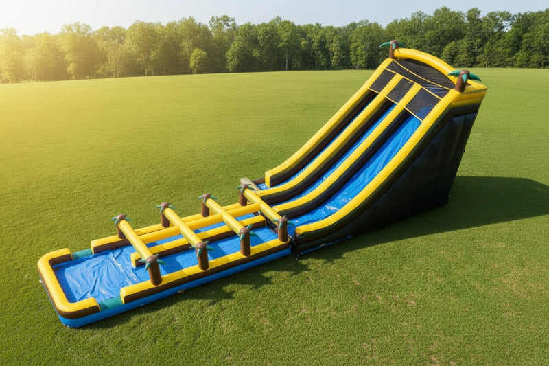 Inflatable water slide with blue surface and yellow and black sides on a white background