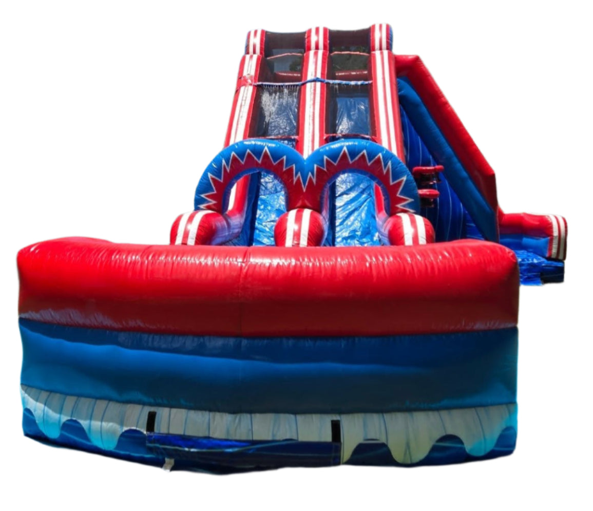 Double Lane Inflatable Water Slide With Side Steps & Basketball Hoops