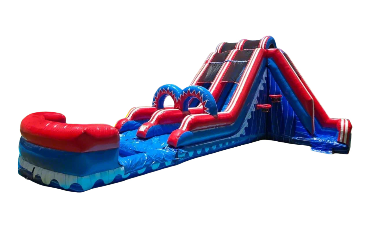 double lane inflatable water slide with side stairs and basketball hoop