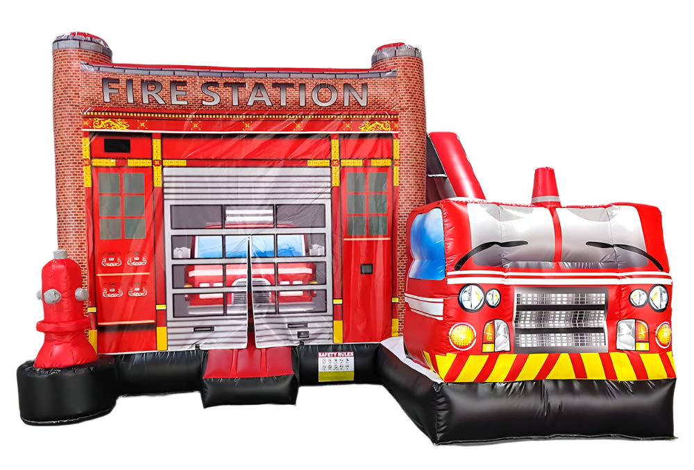 fire station bounce house with slide front