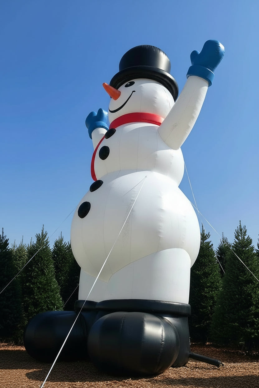 Large inflatable snowman with a top hat and red scarf against a clear blue sky.