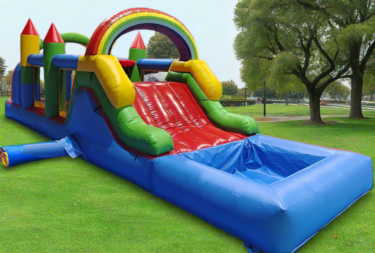 inflatable obstacle course with pool