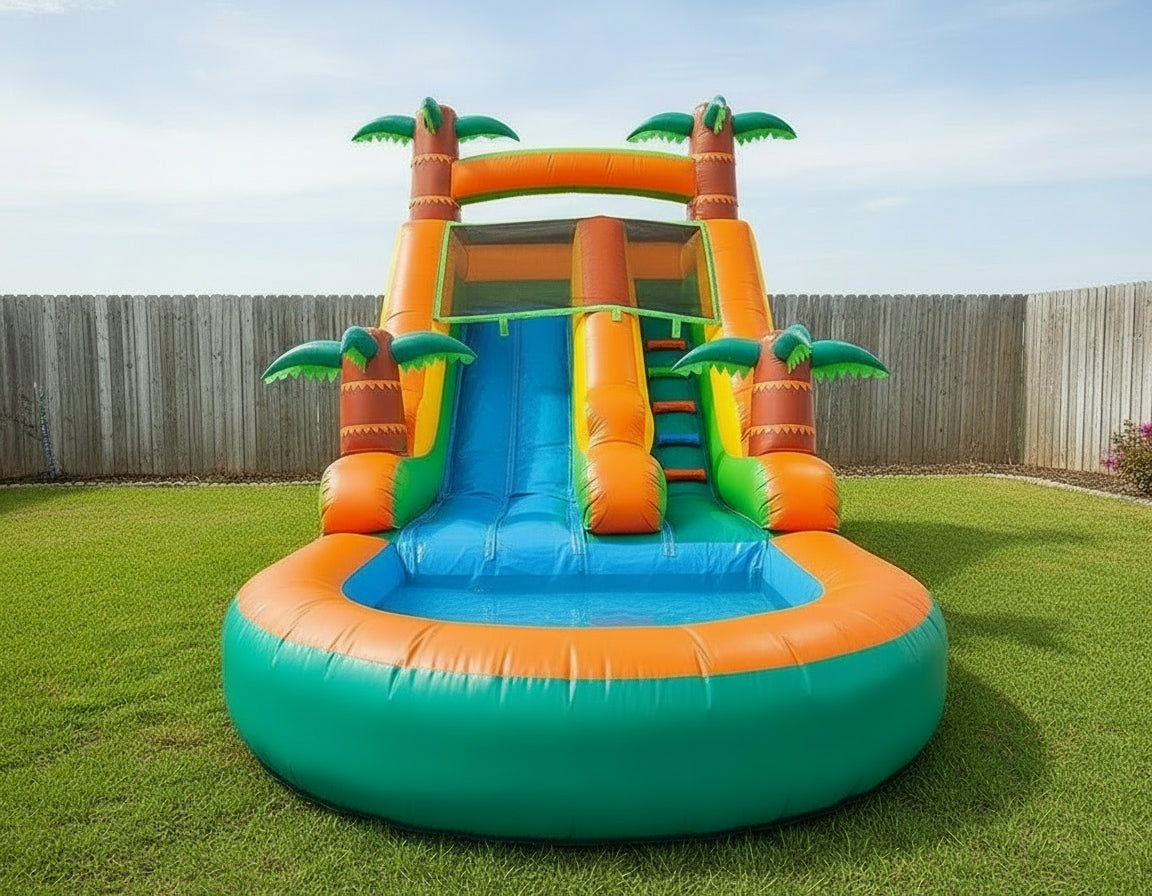 Tropical Inflatable Water Slide With Pool - In Stock