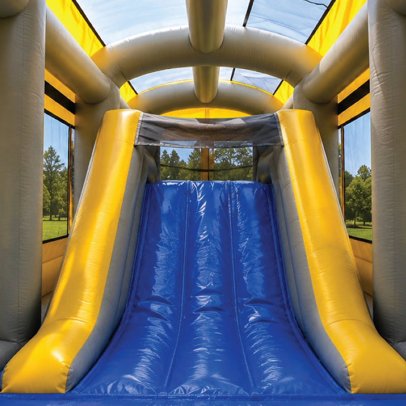 school bus bounce house inside slide