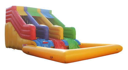 Small 2 lane inflatable water slide with pool front side view 1