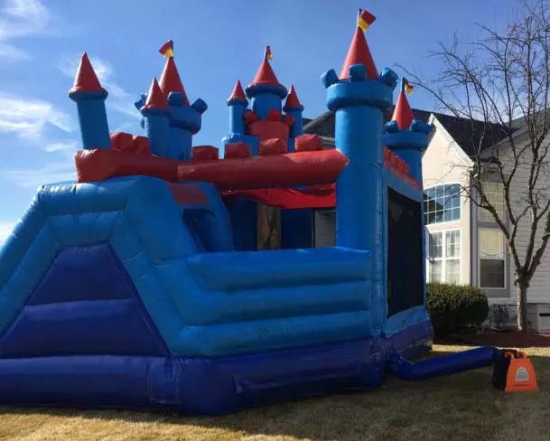 Blue & Red Bouncy Castle With Slide Side View